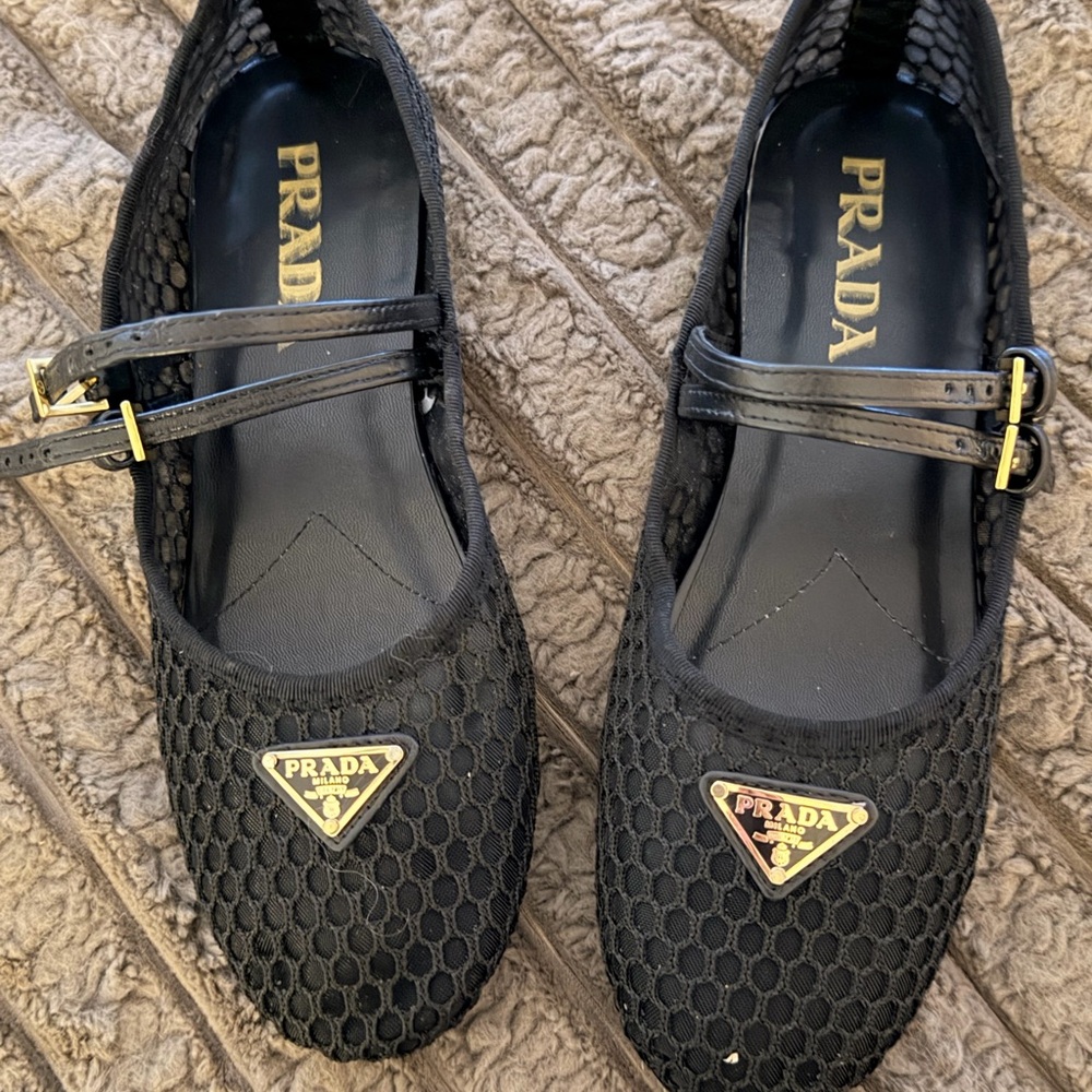 Prada Black Mesh Flats with Gold Accents